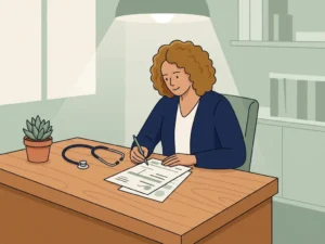 Praktijkmanager van een huisartsenpraktijk bekijkt een factuuroverzicht aan een houten bureau met stethoscoop en kamerplantje.