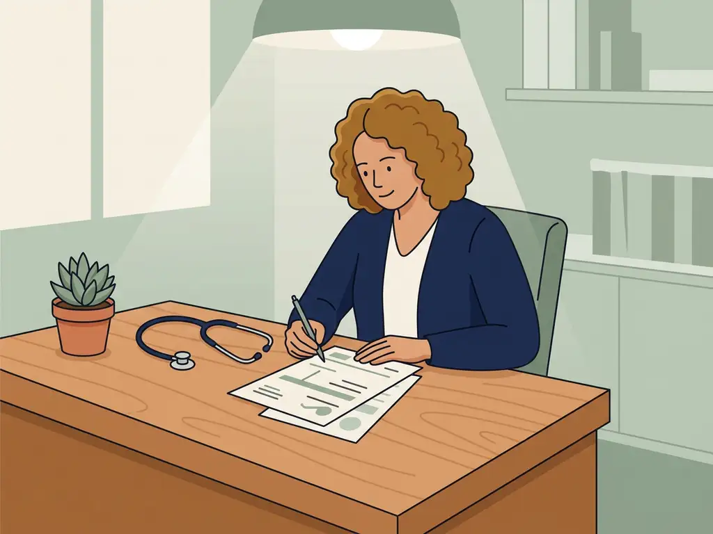 Praktijkmanager van een huisartsenpraktijk bekijkt een factuuroverzicht aan een houten bureau met stethoscoop en kamerplantje.