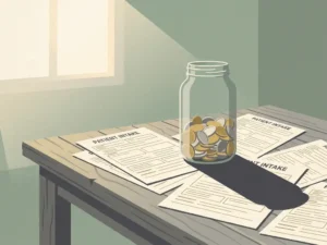 Halfgevulde glazen pot met euromunten op een verweerde houten tafel, omringd door patiëntformulieren, zachte zijdelingse belichting.