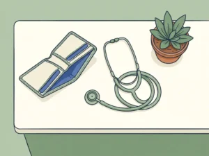 Stethoscoop naast een lege portemonnee en klein potplantje op witte balie, symbool voor gratis gezondheidszorg.