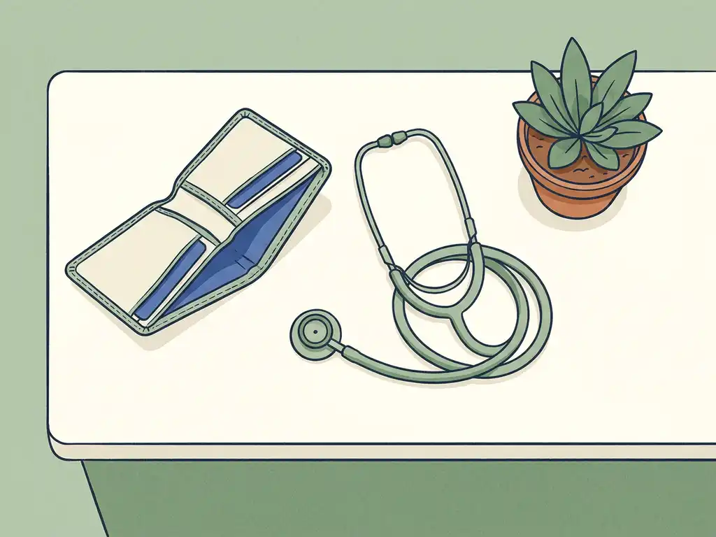 Stethoscoop naast een lege portemonnee en klein potplantje op witte balie, symbool voor gratis gezondheidszorg.