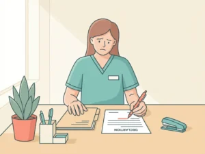 Gestresste praktijkassistente aan klinisch bureau met rode pen boven declaratieformulier, patiëntdossier en potplant nearby.