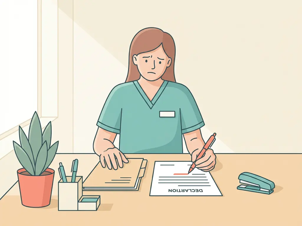 Gestresste praktijkassistente aan klinisch bureau met rode pen boven declaratieformulier, patiëntdossier en potplant nearby.