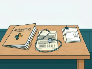 Houten bureau van een huisarts met open patiëntdossier, stethoscoop en declaratieformulieren in teal en amber tinten.