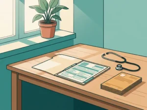 Houten bureau van een huisarts met open patiëntendossier, stethoscoop en zorgverzekeringsdeclaraties in zacht ochtendlicht.