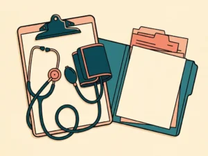 Stethoscoop en bloeddrukmeter op een klinisch notitieblok naast een open patiëntdossier, bovenaanzicht in teal en crèmetinten.