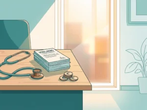 Houten huisartsenbalie met stethoscoop, patiëntverklaringsformulieren en euromunten in warm klinieklight.