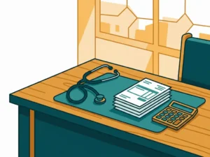 Huisartsenbureau met stethoscoop, patiëntfacturen en rekenmachine in warm ochtendlicht, vlakke vectorillustratie.