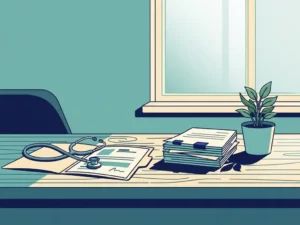 Houten bureau van een huisarts met stethoscoop op open patiëntdossier, georganiseerde declaratiedocumenten en potplant in warm ochtendlicht.