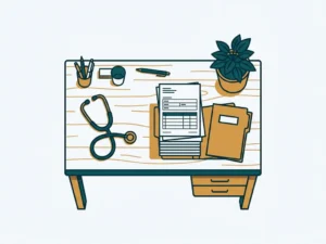 Houten bureau van een huisarts met stethoscoop, zorgverzekeringsdeclaratie en patiëntendossiers naast een kamerplant.