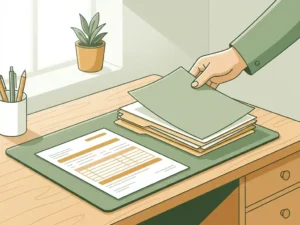 Huisartsenpraktijk bureau met geordende patiëntendossiers en medisch declaratieformulier, hand plaatst document zorgvuldig op stapel.
