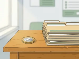 Versleten houten bureau in een huisartsenpraktijk met een stapel patiëntendossiers en een enkele euromunt, symboliserend financiële druk in de zorg.