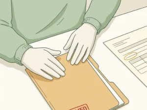 Huisartsenhanden boven open patiëntdossier op kliniekbureau, met zichtbaar declaratieformulier en gedeeltelijk rood stempel.