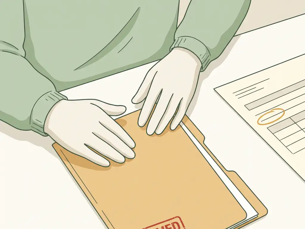 Huisartsenhanden boven open patiëntdossier op kliniekbureau, met zichtbaar declaratieformulier en gedeeltelijk rood stempel.