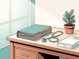 Opgeruimd bureau van een huisartsenpraktijk met patiëntendossier, stethoscoop en declaratieformulier in teal en warm wit.