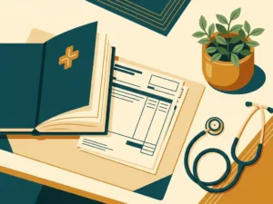 Opgeruimd bureau van een huisarts met opengeslagen richtlijn, declaratieformulieren, stethoscoop en groen plantje.