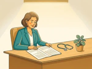 Praktijkmanager van een huisartsenpraktijk bestudeert een tweekolomsoverzicht van tarieven aan een houten bureau met stethoscoop en plant.
