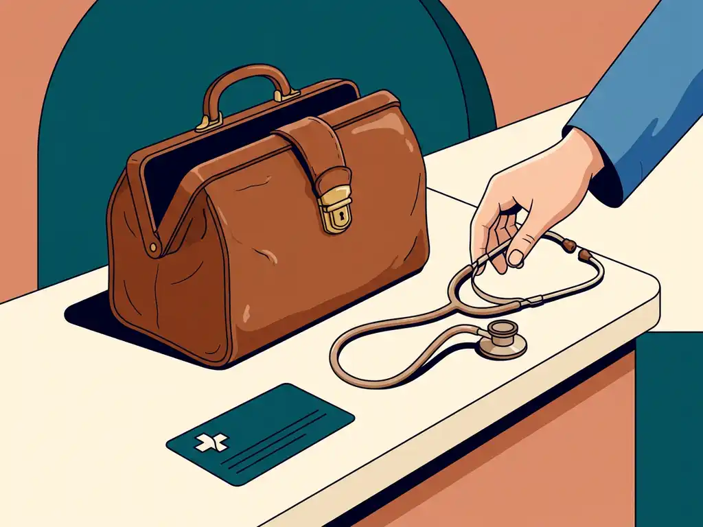 Openstaande leren dokterstas op kliniekbureau met stethoscoop en afspraakkaartje, huisbezoek versus praktijkconsult.