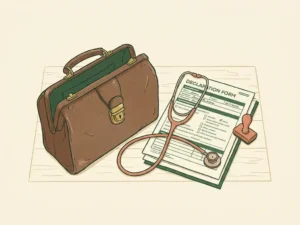 Versleten leren dokterstas open op kliniekbureau naast ingevuld declaratieformulier, met stethoscoop over beide objecten gedrapeerd.
