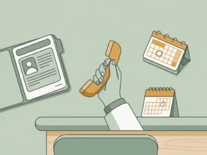Huisarts houdt telefoonhoorn vast aan klinisch bureau met patiëntdossier en kalender, vectorillustratie in salie- en amberkleur.