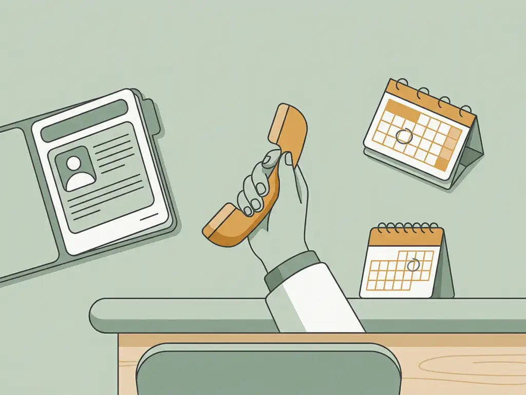 Huisarts houdt telefoonhoorn vast aan klinisch bureau met patiëntdossier en kalender, vectorillustratie in salie- en amberkleur.