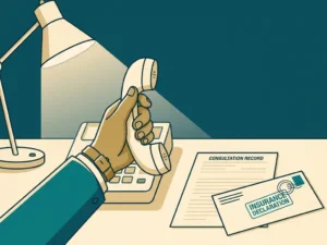 Huisarts houdt telefoonhoorn vast aan bureau met consultatieformulier en verzekeringsbrief in warm kantoorlicht.