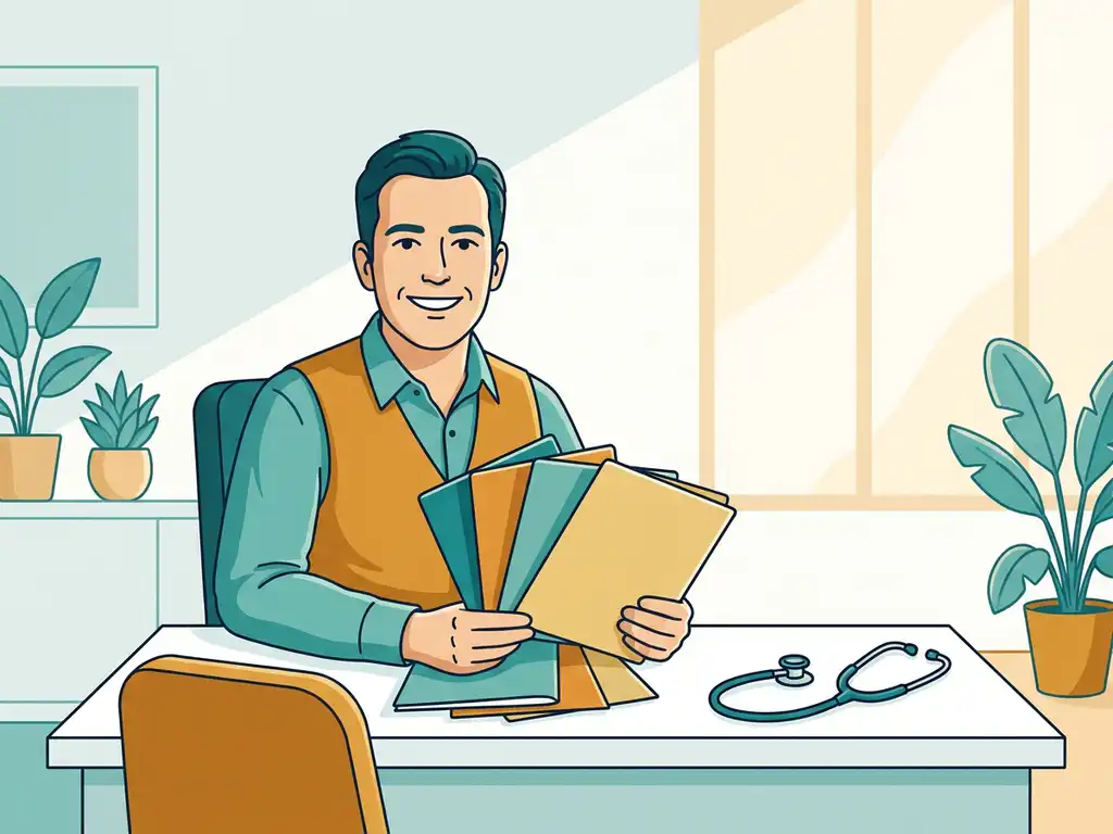 Huisarts aan overlegbureau met uitgewaaierde kleurrijke zorgverzekeraarmappen en stethoscoop, rustige klinieksfeer in teal en amber.