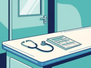 Stethoscoop en declaratieformulier op een klinisch bureau, met een onscherpe praktijkdeur op de achtergrond, illustratie van locum facturering.