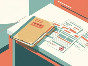 Versleten medische declaratiemap die van een bureau glijdt, met verspreide formulieren en een rood waarschuwingsstempel op een klinisch oppervlak.