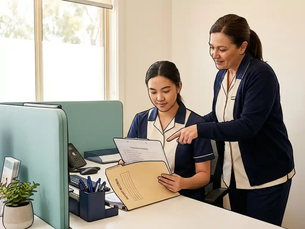 Nieuwe medewerker bij receptiebalie van huisartsenpraktijk bekijkt checklist, begeleid door ervaren collega in rustige klinische omgeving.