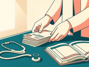 Huisarts sorteert patiëntverklaringsformulieren op bureaublad naast stethoscoop en open praktijkadministratie.