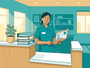 Praktijkassistente aan receptiebalie met open patiëntendossier, omringd door geordende zorgmappen in rustgevende teal-witte kliniek.