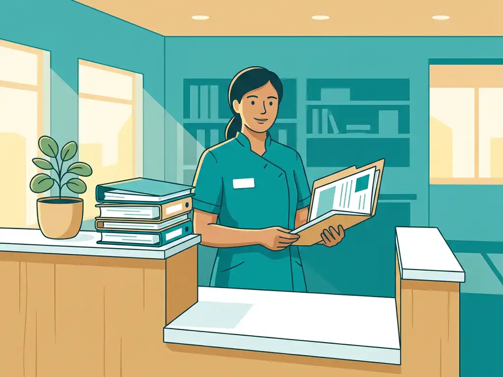 Praktijkassistente aan receptiebalie met open patiëntendossier, omringd door geordende zorgmappen in rustgevende teal-witte kliniek.