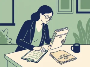 Praktijkmanager vergelijkt gedrukte checklist met patiëntenconsultatielog naast opengeslagen LHV-richtlijnboekje en koffiekop.