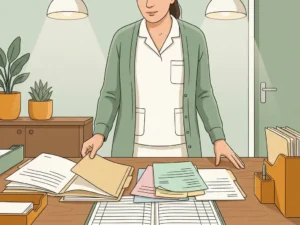 Praktijkmanager bij receptiebalie met open patiëntendossiers, ongestempelde documenten en een factuurboek met lege rijen.