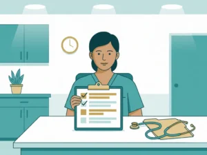 Praktijkverpleegkundige in scrubs bekijkt controlelijst op klembord aan klinisch bureau met stethoscoop en patiëntdossier.