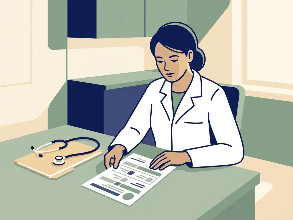 Praktijkverpleegkundige in witte jas die een papieren declaratieformulier bestudeert aan een kliniekbureau, met stethoscoop en patiëntdossier.