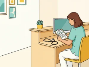 Doktersassistente in klinisch uniform die een papieren formulier bekijkt aan een receptiebalie met stethoscoop en kamerplant.