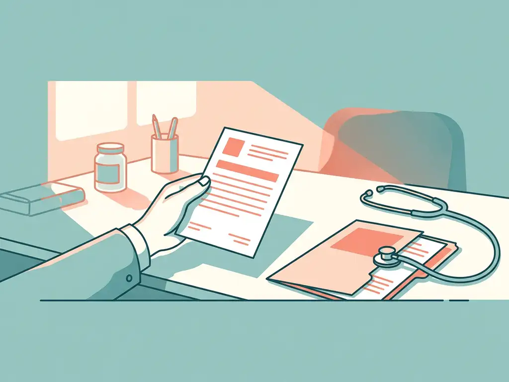 Huisarts houdt verwijsbrief vast aan klinisch bureau met stethoscoop en patiëntdossier, vlakke vectorillustratie in teal en koraal.